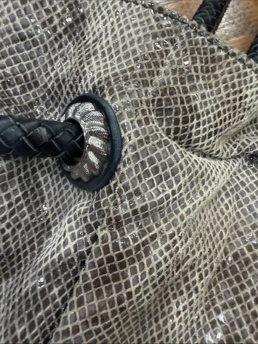 Judith Ripka Gray Snake-Print Tote with Braided Black Handles